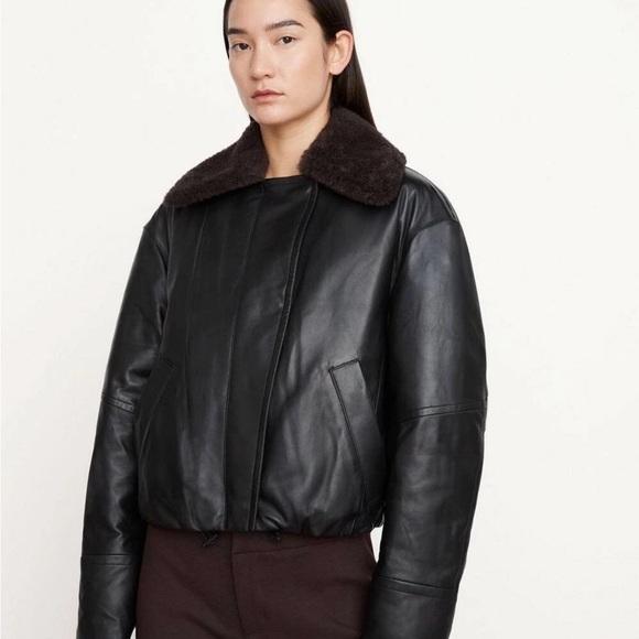 Vince Women's Black Leather Shearling Bomber Jacket XS MINT - Picture 3 of 4